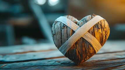 Repaired wooden heart with bandages on wooden table, ample space for personalized message, symbolic of emotional restoration