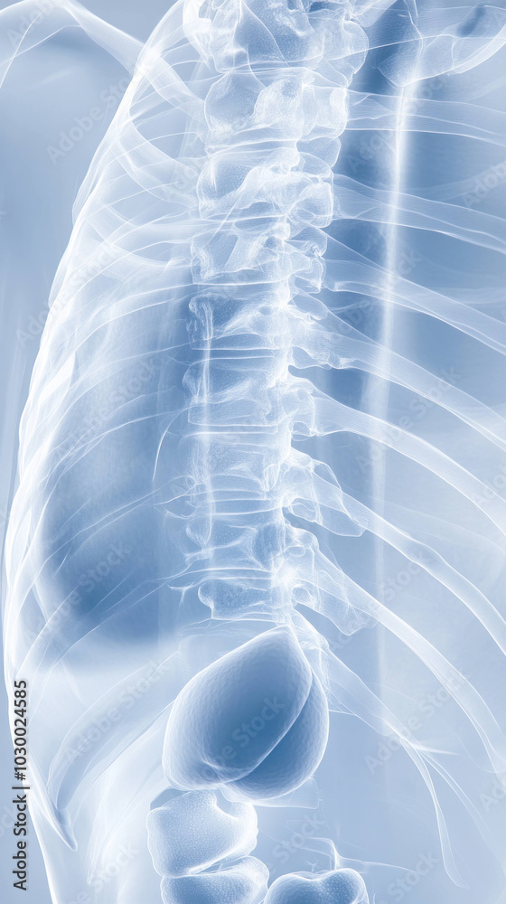Poster anatomical x ray of human spine and pelvis, showcasing vertebrae and surrounding structures in detai