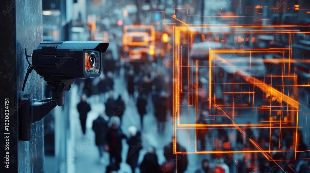 Leinwandbilder city surveillance camera with computer vision that recognizes objects and faces to identify threats 