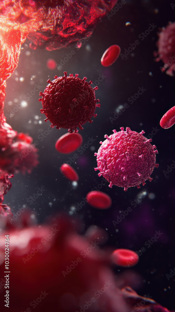 Poster artistic macro shot of blood cells and antibodies, showcasing intricate details of immune response. 