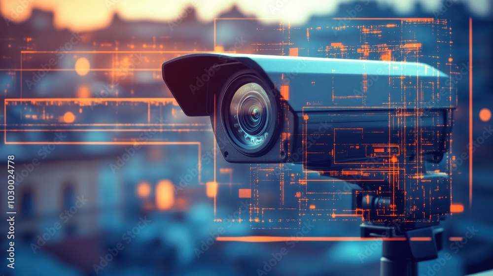 Leinwandbilder city surveillance camera with computer vision that recognizes objects and faces to identify threats 