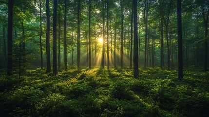 Obraz premium Sunlight pierces the green forest, illuminating a springtime scene.