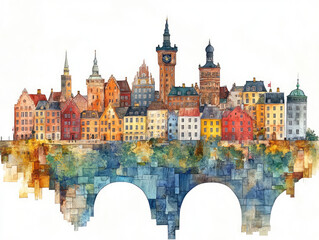 Fototapeta premium Denmark, Colorful medieval town with castles and stone bridge reflections 