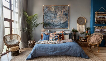 A stylish boho-themed bedroom with a comfortable anthracite pillows