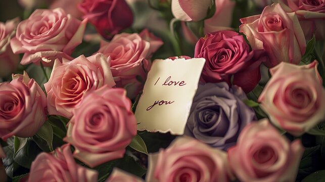 Elegant rose arrangement with romantic  i love you  note for a perfect surprise gift