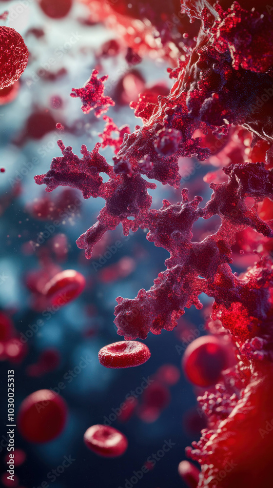 Poster close up view of blood with antibodies actively engaging, showcasing vibrant interaction in microsco