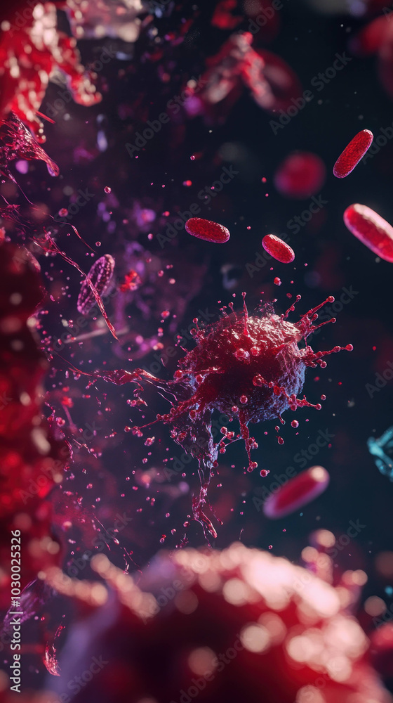 Poster close up view of blood with antibodies actively engaging pathogens, showcasing vibrant and dynamic m