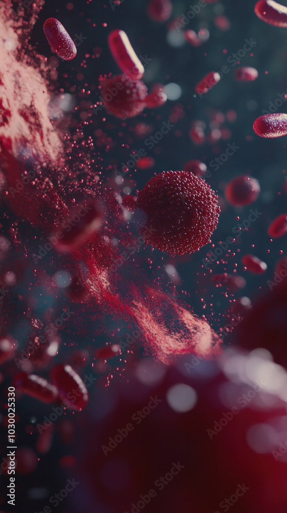 Poster close up view of blood cells and antibodies in motion, showcasing dynamic interaction within bloodst
