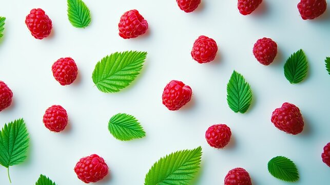 Isolated red raspberry with a vibrant green leaf, contrasting beautifully against a pure white background. A collection of raspberries with leaves in motion, creating a captivating visual