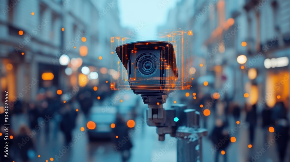 Fototapete city surveillance camera with computer vision that recognizes objects and faces to identify threats 