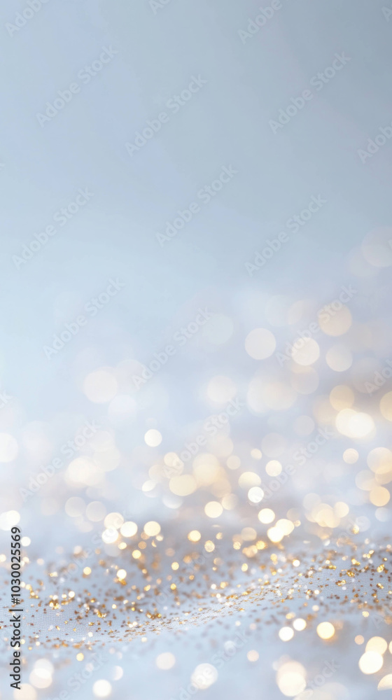 Poster soft, dreamy background featuring shimmering golden bokeh lights on light blue surface, creating mag