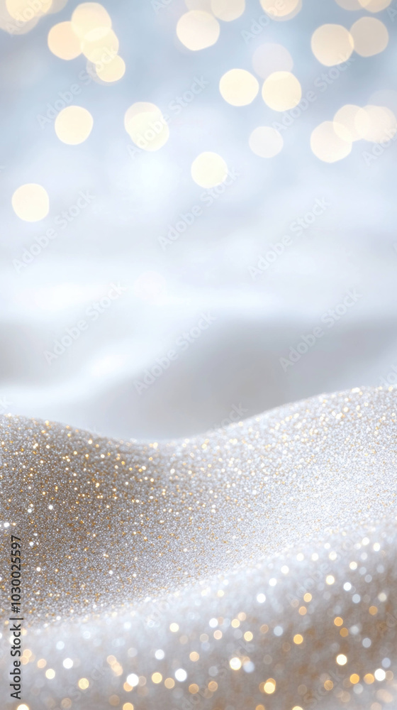 Poster shimmering abstract background featuring soft waves of glittering silver and gold tones, creating dreamy and festive atmosphere