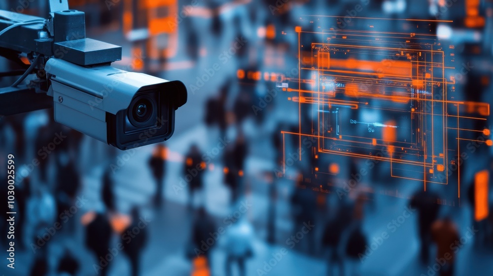 Leinwandbilder City surveillance camera with computer vision that recognizes objects and faces to identify threats and intelligent traffic control
