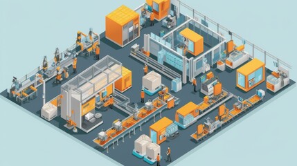 Fototapeta premium Modern Factory Layout with Workers and Equipment