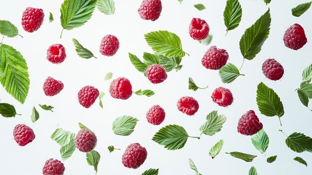 Isolated red raspberry with a vibrant green leaf, contrasting beautifully against a pure white background. A collection of raspberries with leaves in motion, creating a captivating visual
