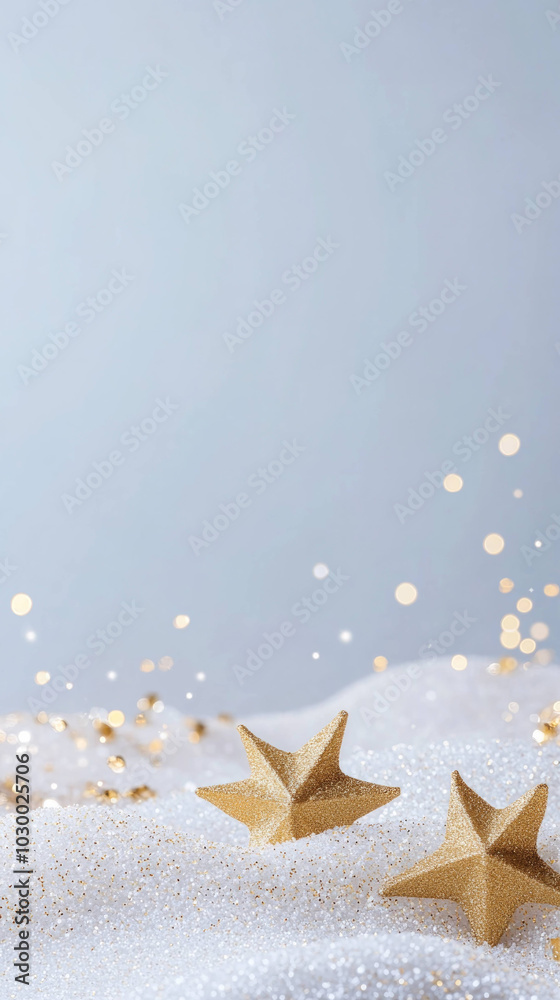 Poster serene and dreamy scene featuring golden stars resting on soft, sparkling surface, evoking sense of 