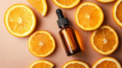 Orange Essential Oil:  A bottle of amber essential oil rests amidst vibrant orange slices, creating a refreshing and zesty image perfect for aromatherapy, skincare, or healthy lifestyle brands. 