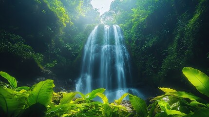 Fototapeta premium A waterfall cascades through lush vegetation in a green rainforest.