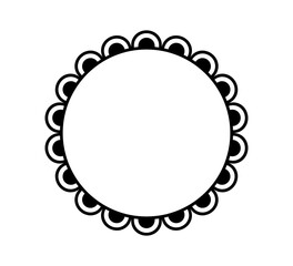 Scalloped edge circle frame. Simple round scalloped border. Fabric lace pattern frame. Repeat cute vintage frill ornament. Texture ribbon. Vector illustration isolated on white background.