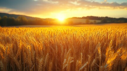 Obraz premium Golden light bathes a wheat field at sunset in this picturesque landscape.