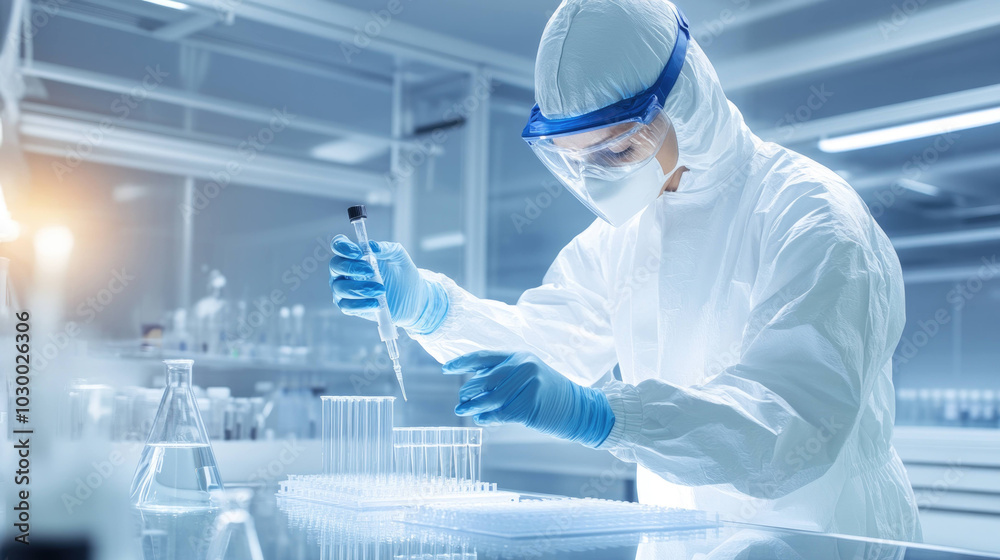 Poster scientist in protective suit conducts experiments in high tech laboratory, showcasing precision and focus in their work