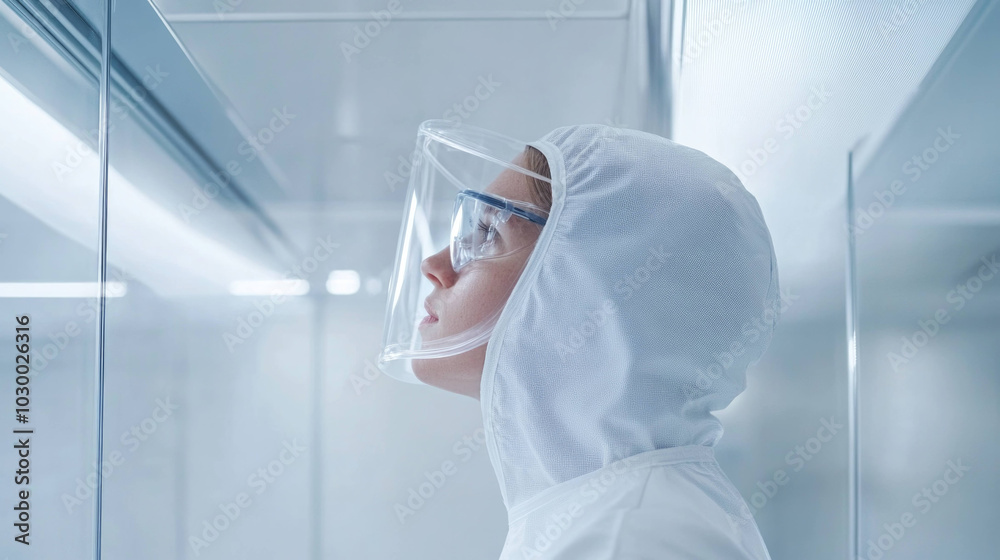 Poster scientist in protective suit gazes upward in modern laboratory, showcasing commitment to safety and 