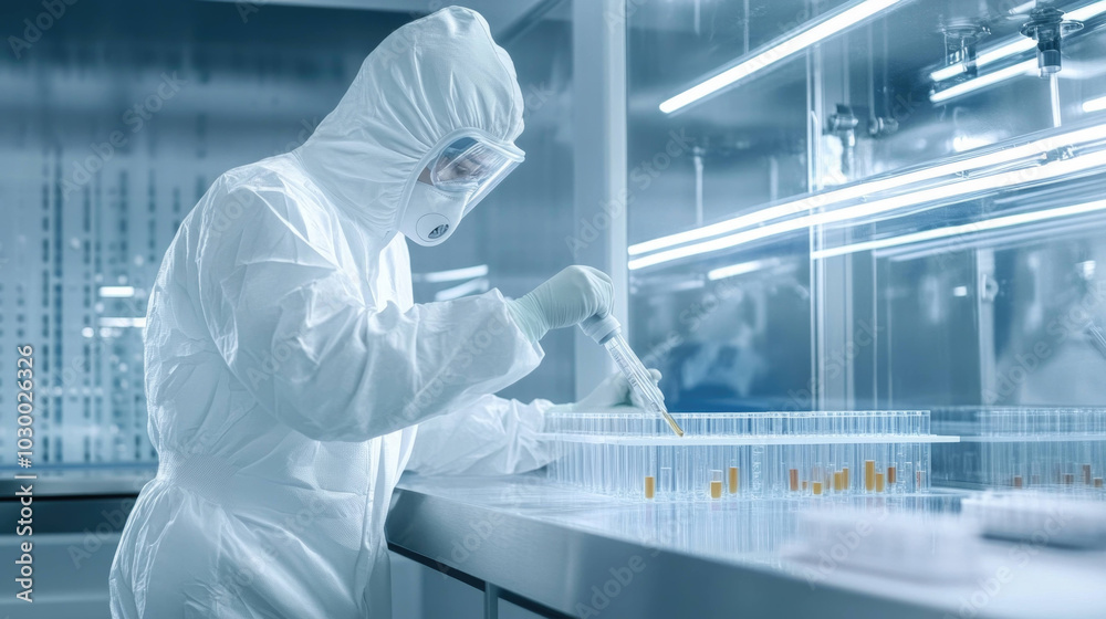 Poster scientist in protective suit conducts experiments in high tech laboratory, showcasing precision and focus in sterile environment
