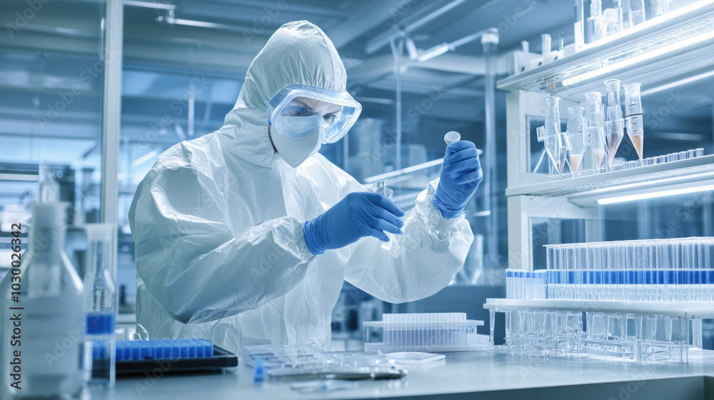 Poster in modern laboratory, scientist in protective suit carefully conducts experiments with test tubes an