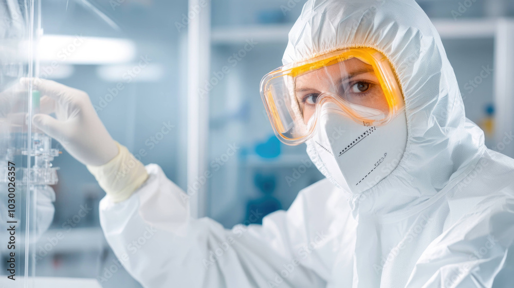Poster in sterile lab, scientist in full protective gear is focused on their work, showcasing dedication an