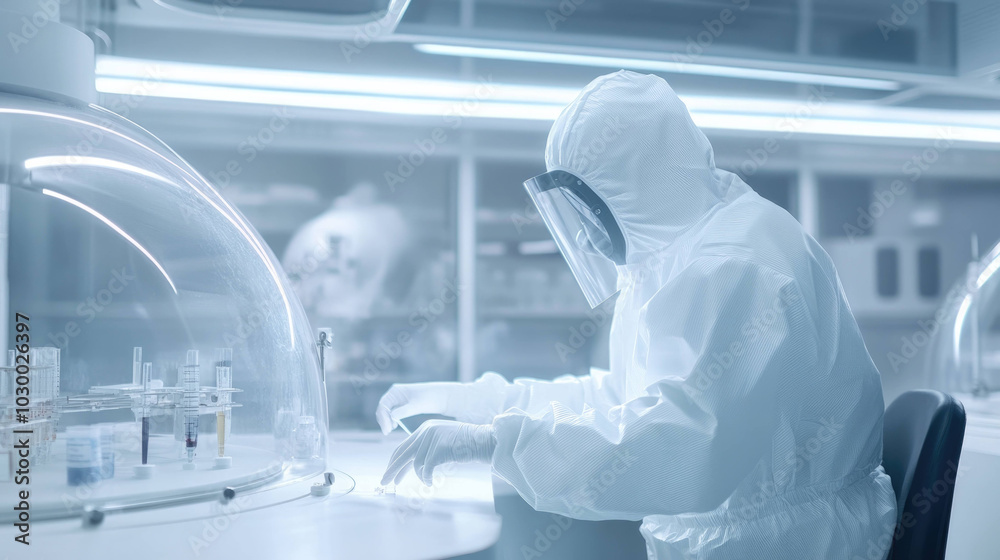 Poster scientist in full protective suit works diligently in high tech laboratory, surrounded by advanced e
