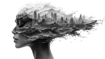 A surreal black and white portrait of a woman with her hair transforming into a detailed cityscape, merging human and urban elements in a creative artistic vision