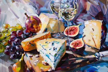 Impressionist painting of cheese, grapes, figs, and wine in a bright Mediterranean kitchen, bold brushstrokes.