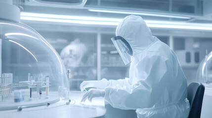 scientist in full protective suit works diligently in high tech laboratory, surrounded by advanced equipment and glass containers. atmosphere is focused and sterile, emphasizing safety and precision