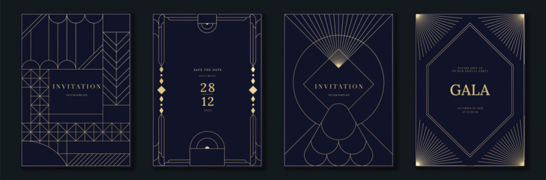 Luxury gold invitation card design vector. Abstract geometry frame and Art deco pattern background. Use for wedding invitation, cover, VIP card, gala, print, poster and wallpaper. Vector illustration.