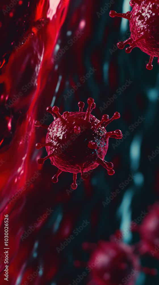 Aufkleber close up view of virus surrounded by red blood cells, showcasing intricate details and textures. vib