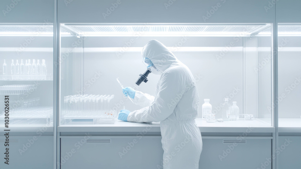 Poster scientist in sterile lab is examining sample under microscope, wearing full protective suit and glov