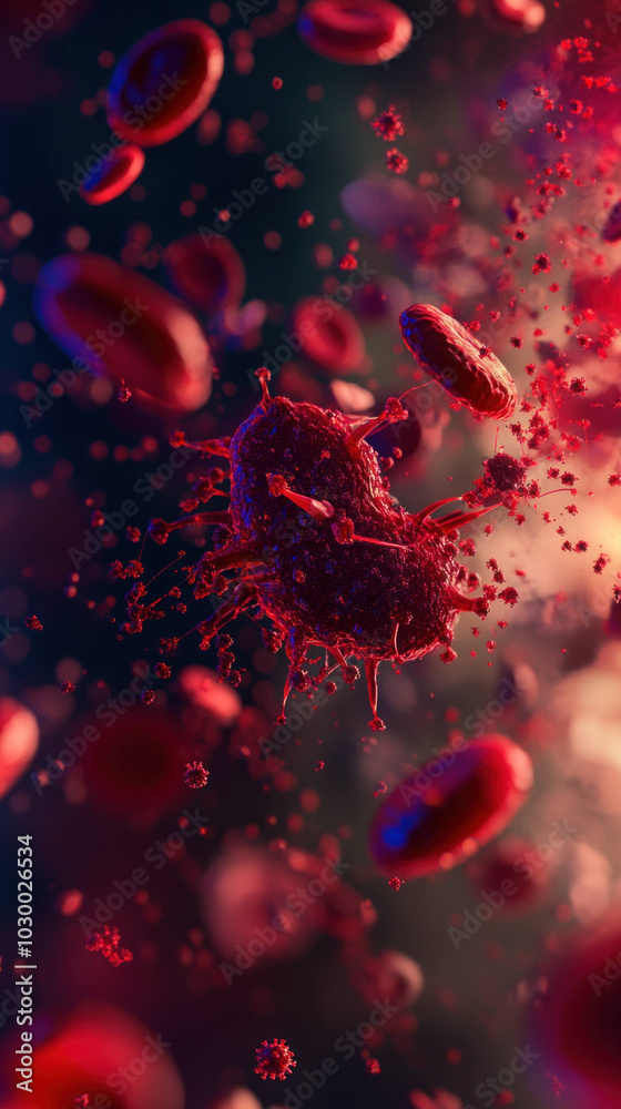 Aufkleber Immersive macro perspective of blood cells with antibodies interacting, showcasing dynamic and intricate world of immune system. vibrant colors highlight complexity of cellular interactions