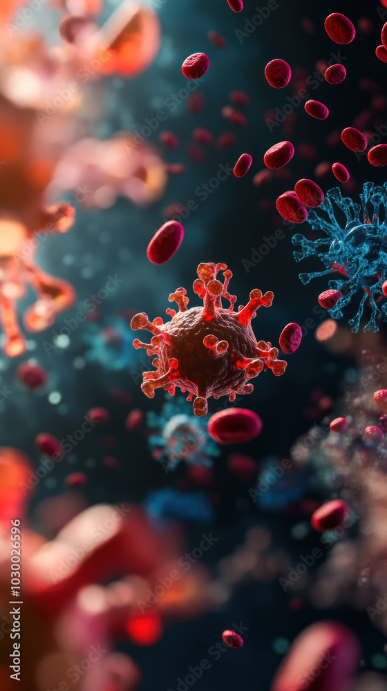 Poster macro shot of blood cells and antibodies targeting viruses, showcasing intricate interactions within