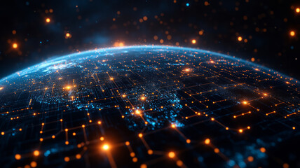 Abstract digital blue planet Earth with glowing connections and global network concept on a dark background, a technology wallpaper. Big data world map.