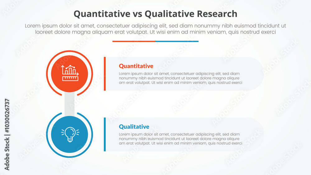 Poster quantitative vs qualitative research data comparison opposite infographic concept for slide presenta