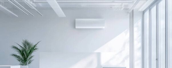 Obraz premium Modern office space with white ceiling, featuring large windows and green plant, creating bright and airy atmosphere