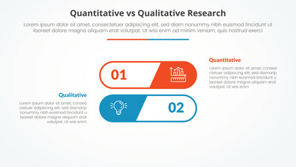 quantitative vs qualitative research data comparison opposite infographic concept for slide presentation with round outline stack shape with flat style