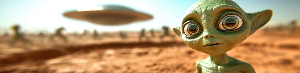Alien with large eyes stands on a desert planet as a spaceship hovers in the background, AI