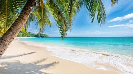 Fototapeta premium A tropical beach with crystal-clear turquoise ocean waters and white sand, palm trees swaying in the breeze.