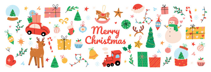 Set of decorative christmas element vector illustration. Collection of christmas tree, reindeer, bauble ball, socks, present, snowman, car. Design for sticker, card, poster, invitation, greeting.