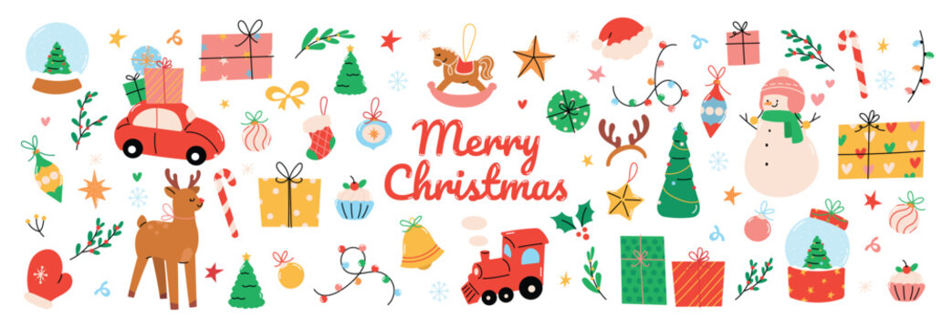 Set of decorative christmas element vector illustration. Collection of christmas tree, reindeer, bauble ball, socks, present, snowman, car. Design for sticker, card, poster, invitation, greeting.