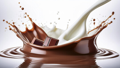 Chocolate milk streaks and drops splash with chocobar milk bars,realistic and voluminous on white background.Generative AI