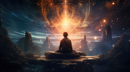 generated illustration of back view  man meditating on the background of the universe
