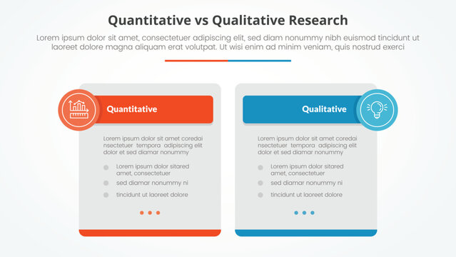 quantitative vs qualitative research data comparison opposite infographic concept for slide presentation with big box table and circle badge header with flat style