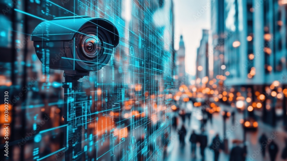 Fototapete city surveillance camera with computer vision that recognizes objects and faces to identify threats 